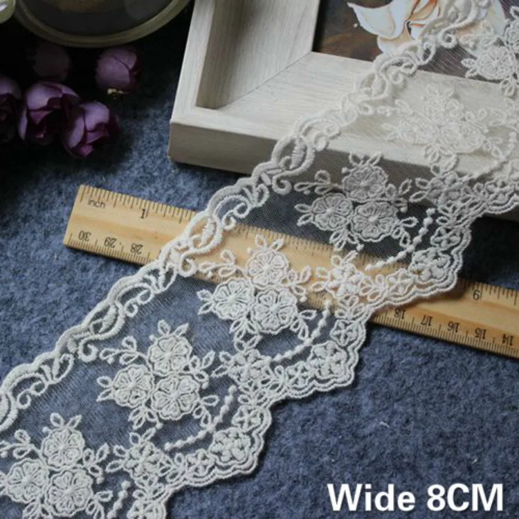 8CM Wide Tulle White Embroidery Fringe Ribbon Mesh Lace Fabric Neckline Collar Edge Trim Skirt Dress DIY Sewing Guipure Supplies