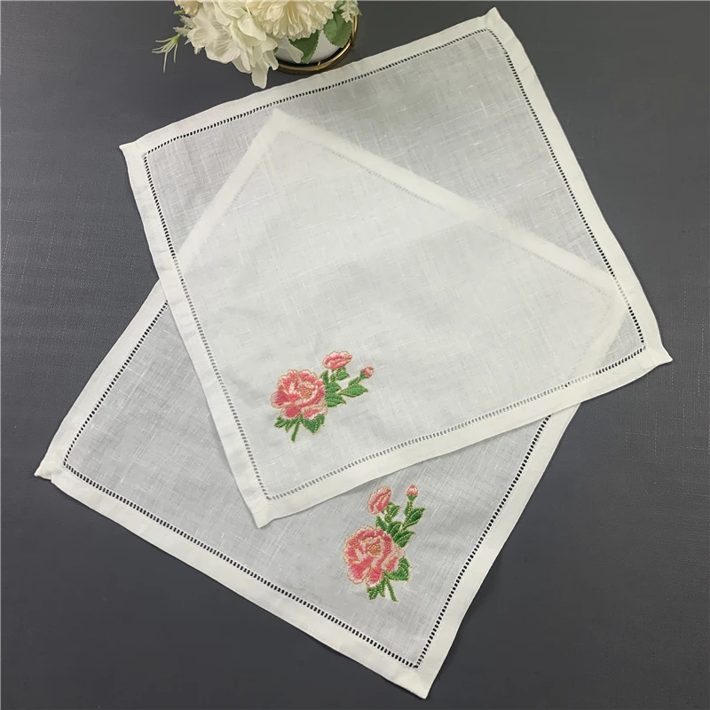 12 PCS Wedding Handkerchief White Pure Ramie Fabric Handkerchief Rose Embroidered 13X13 inch