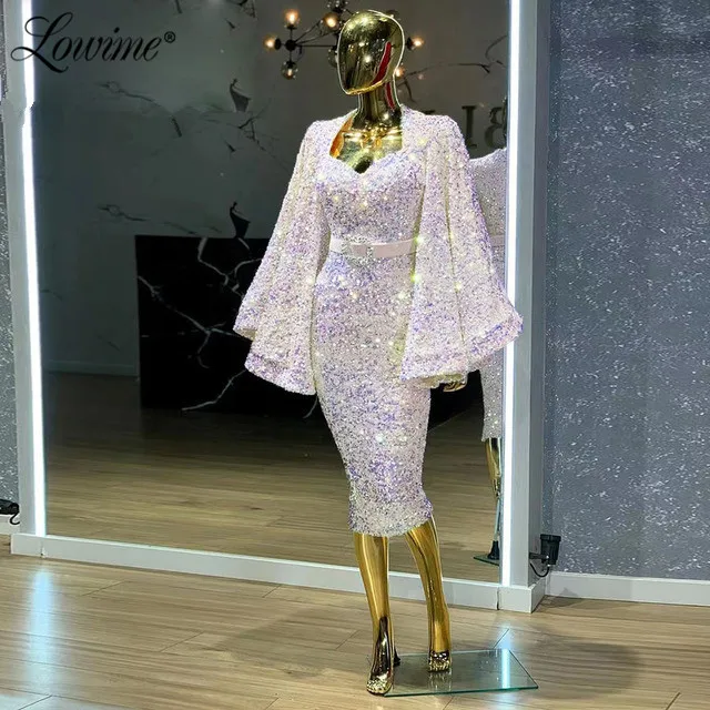 Lowime Goedkope Avondjurken Thee Lengte Pailletten Lange Mouwen Formele Vrouwen Puffy Party Gown 2022 Plus Size Prom Jurken Met riem