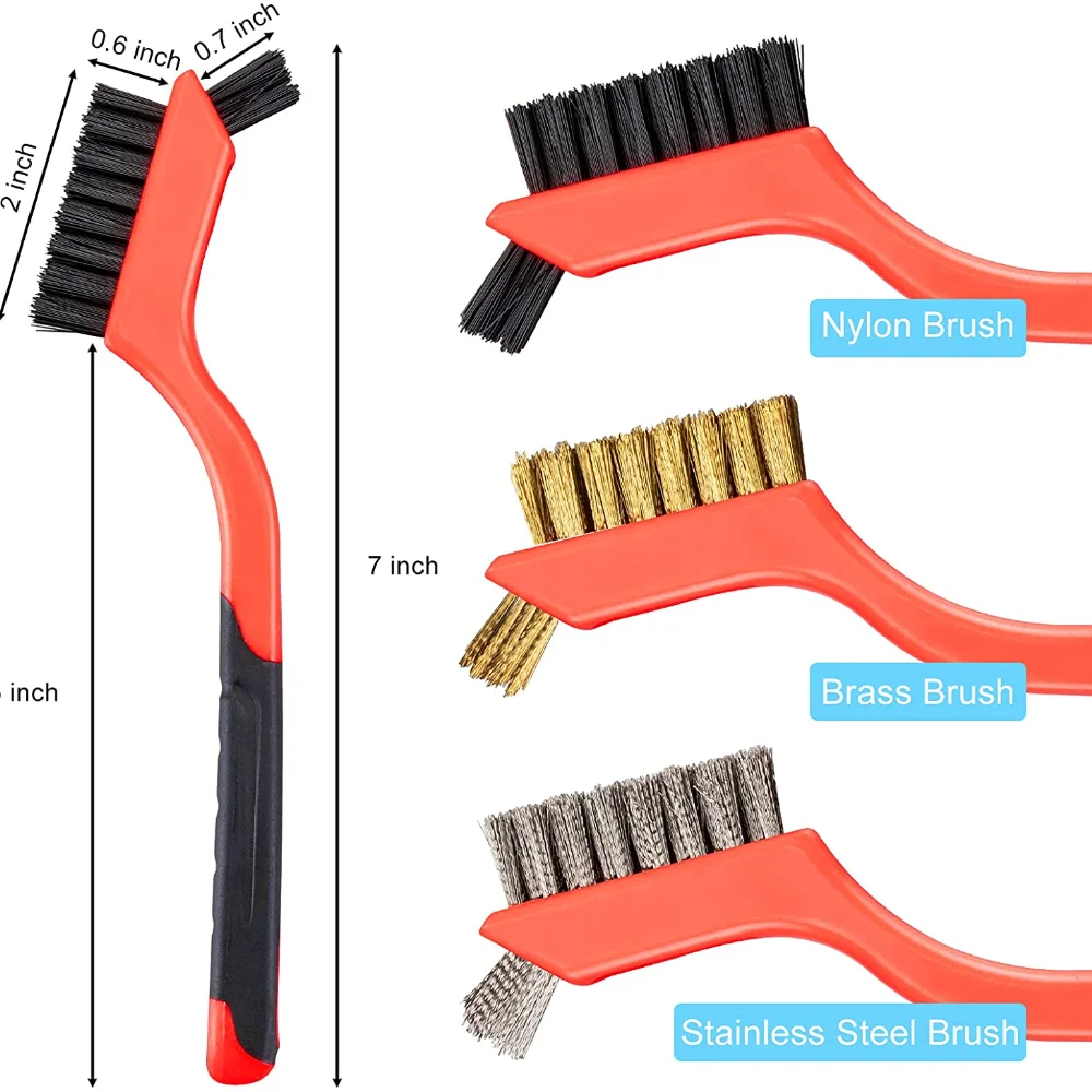 3PCS Small Wire Brush Set,Cleaning Rust ,Stainless Steel/Brass/Nylon Bristles, Deep Cleaning Paint, Rust and Dirt, 7-inch