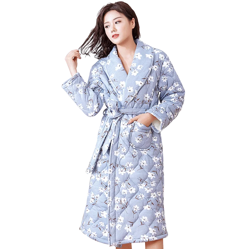 Peignoir Homme Women Robe Winter Warm Cotton Quilted Women\'s Bathrobe Nightgown Dressing Gown Sleepwear Female Home Clothing