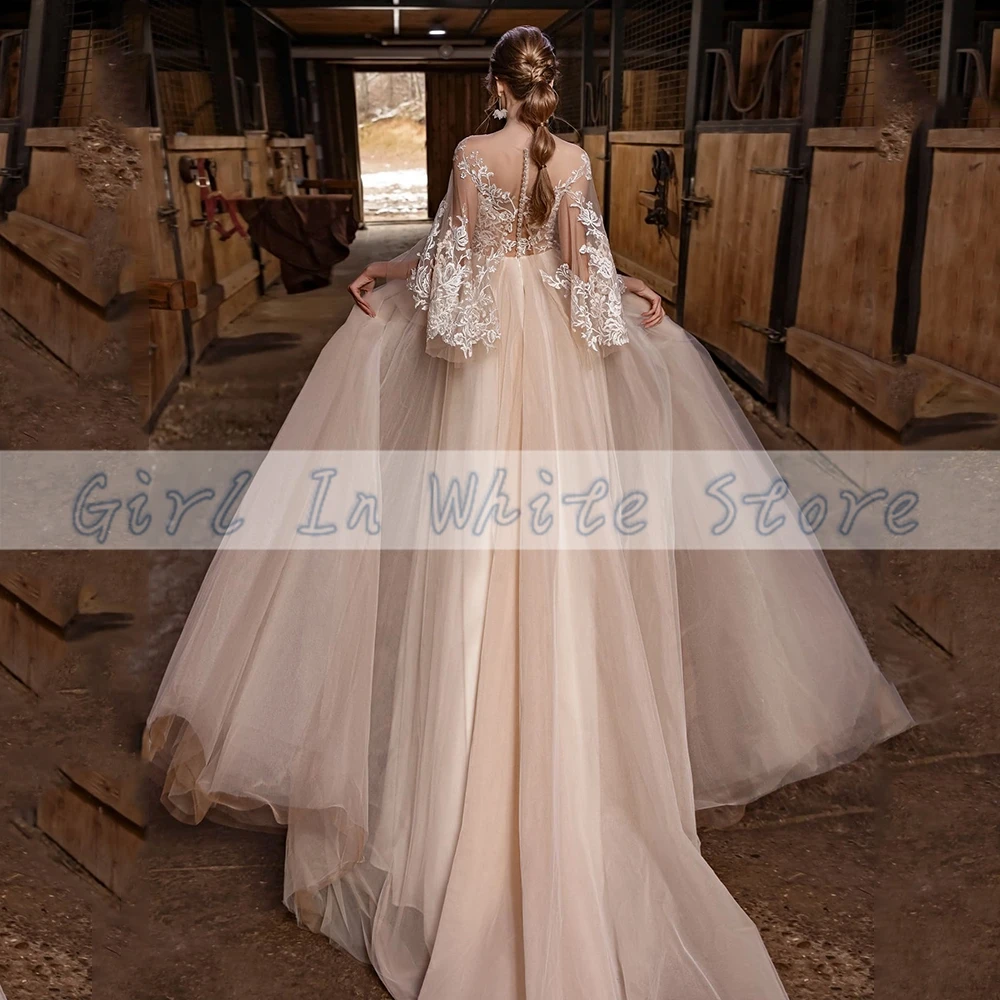 Abito da sposa elegante con maniche svasate O-Collo A-Line Applicazioni in pizzo Abito da sposa personalizzato Abito da sposa Abiti da sposa