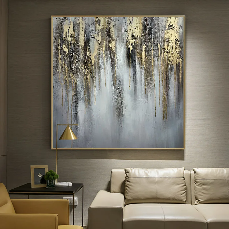 

100% Hand Painted Oil Painting Retro Simple Grey Gold Foil Abstract Wall Art Canvas For Hotel Living Room Decor Large Size