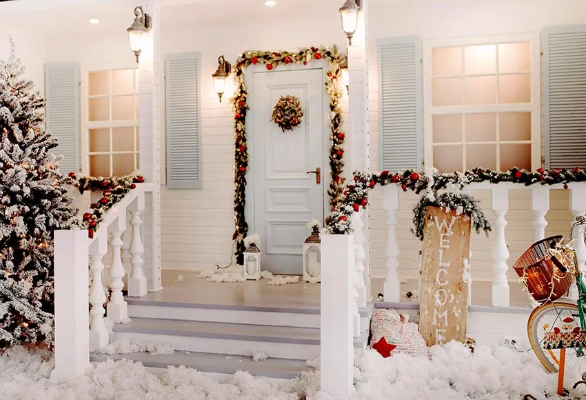 Mehofond-pano de fundo de inverno, noite, ambiente externo, casa branca, neve, boas vindas, decoração, fotografia, estúdio de foto