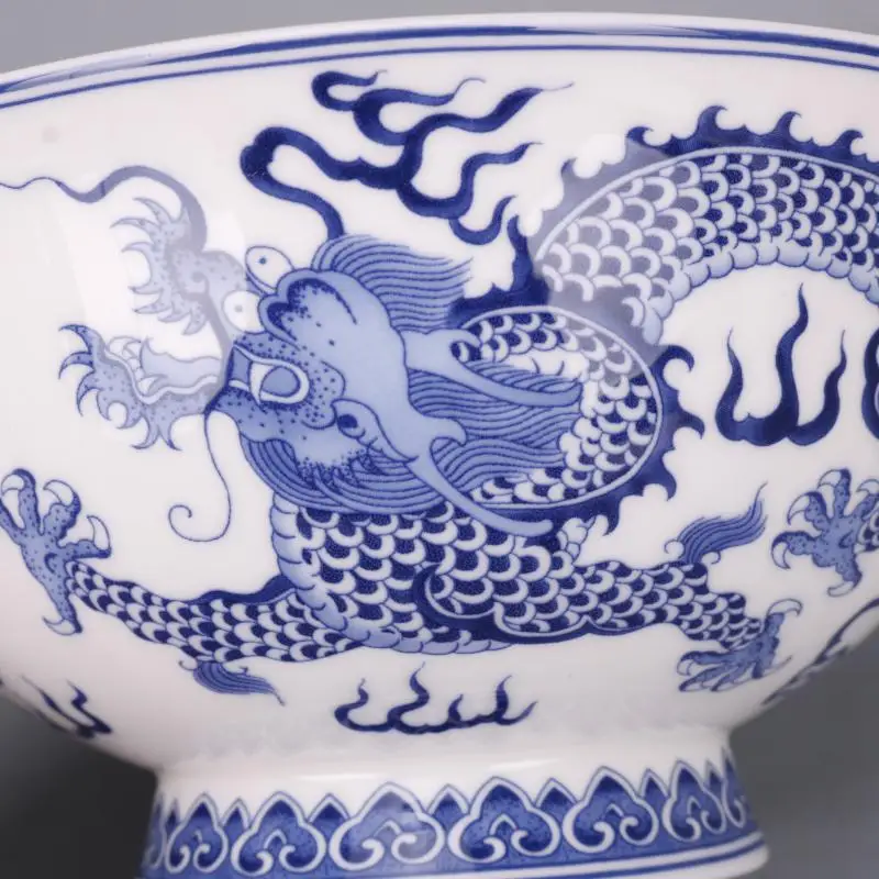 6.1 inch Chinese Style Blue and White Porcelain Two Dragons Design Bowl Crafts Home Decoration Ornaments