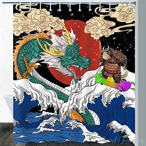 Japanese Dragon Funny Samurai Cat Surfing Red Sun Ukiyoe Cute Animal Natural Landscape Abstract Art Shower Curtain