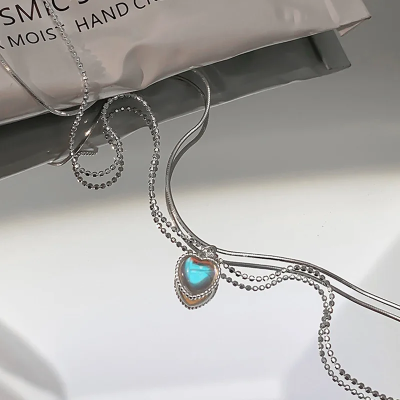 XIYANIKE Silver Color  Double Love Heart-shaped Moonstone Pendant Necklace Women Gradient Gemstone Clavicle Chain Couple image 6