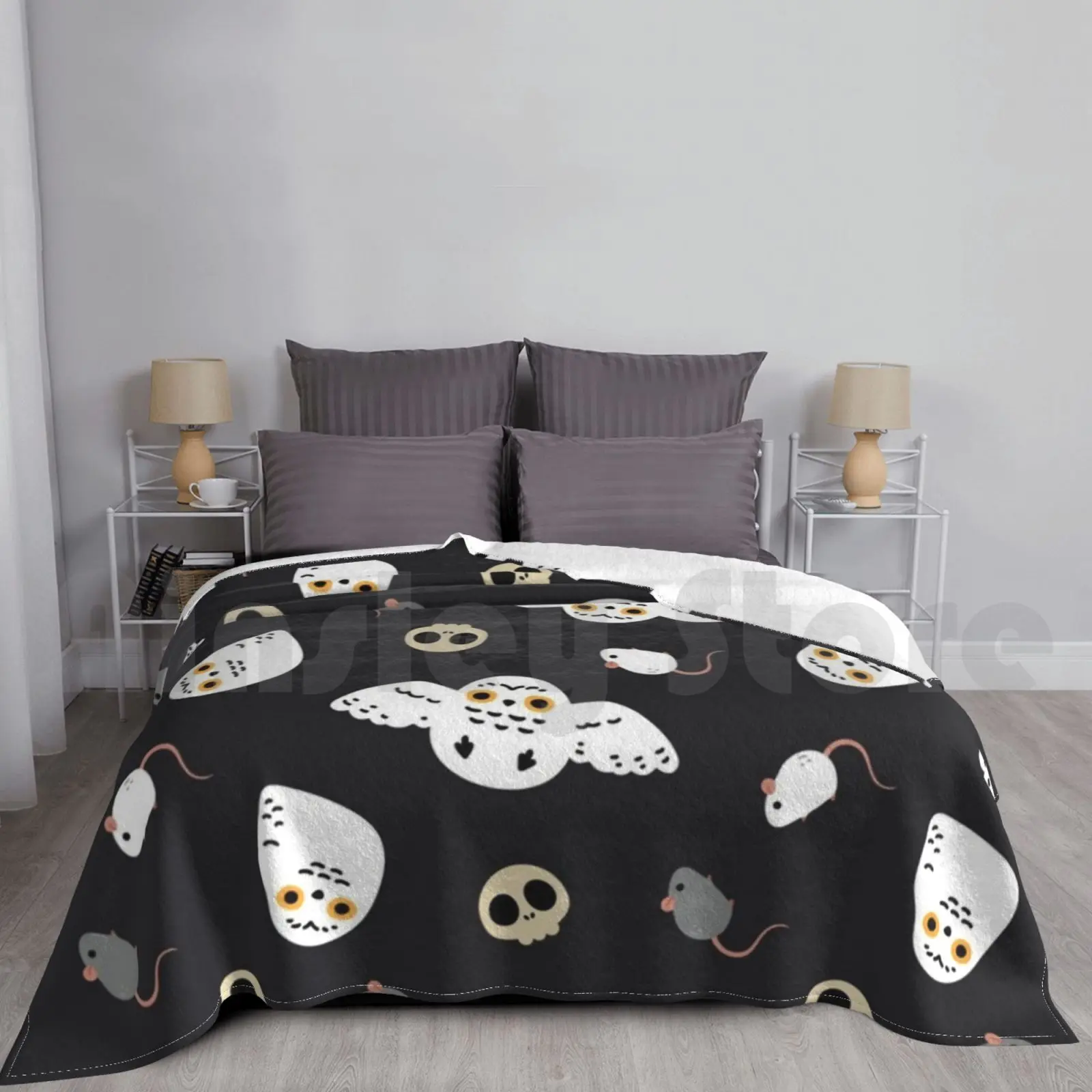 Halloween Snowy Owl Pattern Blanket For Sofa Bed Travel Halloween Pattern Snowy Owl Skull Rats Rat Mouse Albino