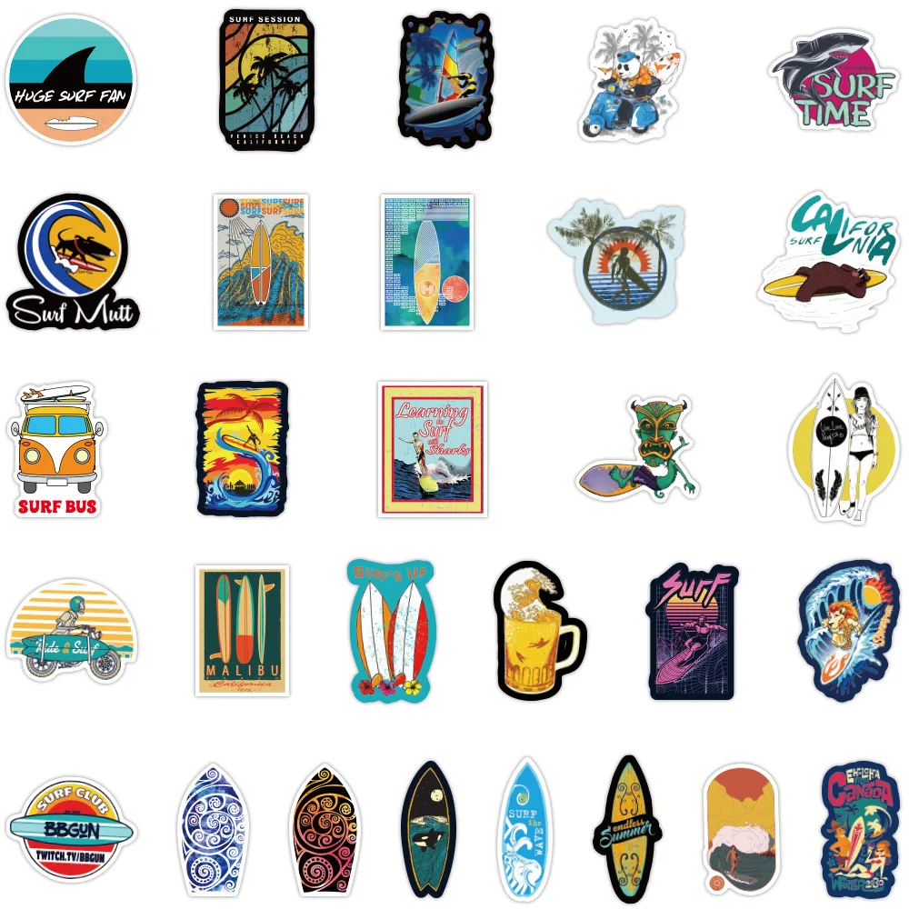 10/30/50/100PCS Cool Summer Beach Surf Stickers Surfboard Sticker For Suitcase Phone Laptop Luggage Car Water Bottle Decals Toy