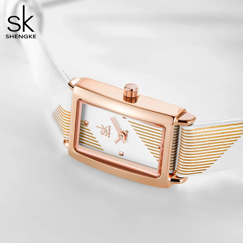 Shengke-Montre-bracelet rectangulaire pour femme, bracelet en cuir, mouvement à quartz, blanc, élégant, nouveau créateur