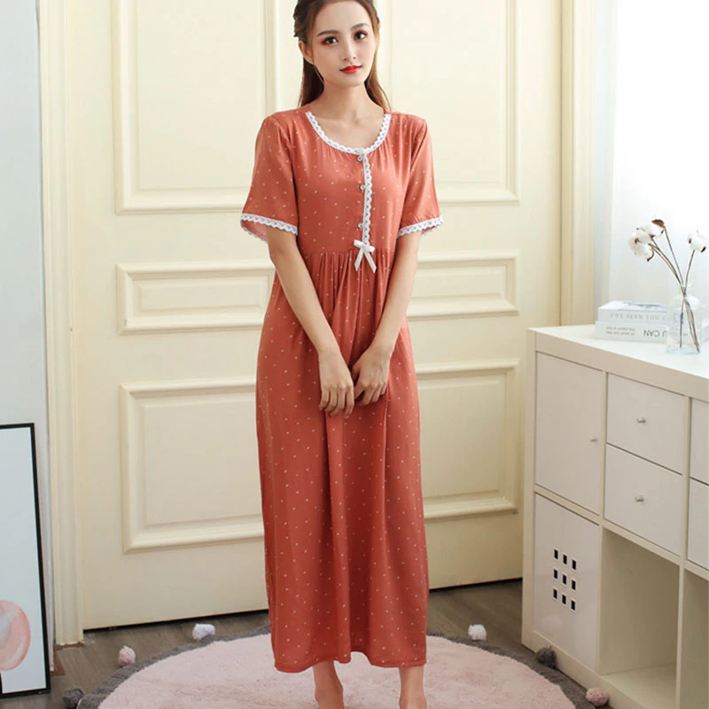 Nightdress Women Cotton Soft Dot Printed Sleepwear Sexy Breathable Women\'dress Casual Nightie Home Clothes Sleepdress Plus Size