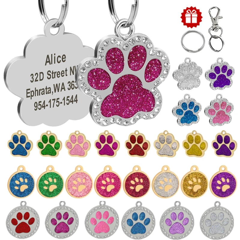 Pet Dog ID Tag Custom Crystal Puppy Cat ID Tags Dogs Collar Accessories Pendant Personalized Dog Anti-lost Engrave Name Tags