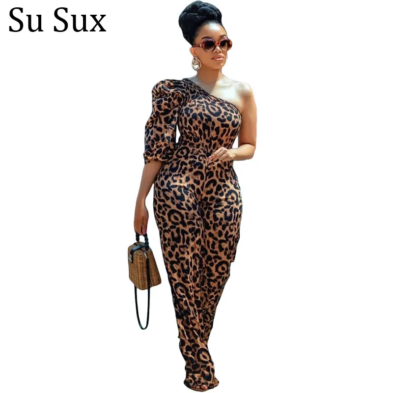 Sexy One Shoulder Jumpsuit Women Leopard Print Rompers High Waist Long Pants Jumpsuit Vestidos Outfits Partyclub 2021 Spring