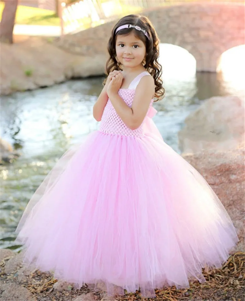 Cute Girls Pink Crochet Tutu Dress Kids Tulle Strap Dress Ball Gown with Hairbow Children Birthday Wedding Party Costume Dresses