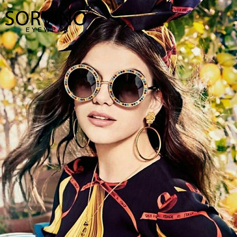 Vintage Diamond Round Sunglasses Women Luxury Brand Gradient Lens Rhinestone Circle Shade Metal Exquisite Sun Glasses For Female