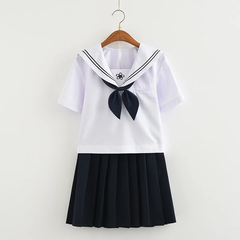 Ensembles JK à manches longues pour filles, uniformes scolaires japonais, haut blanc, jupe plissée marine, motif Sakura, cosplay étudiant