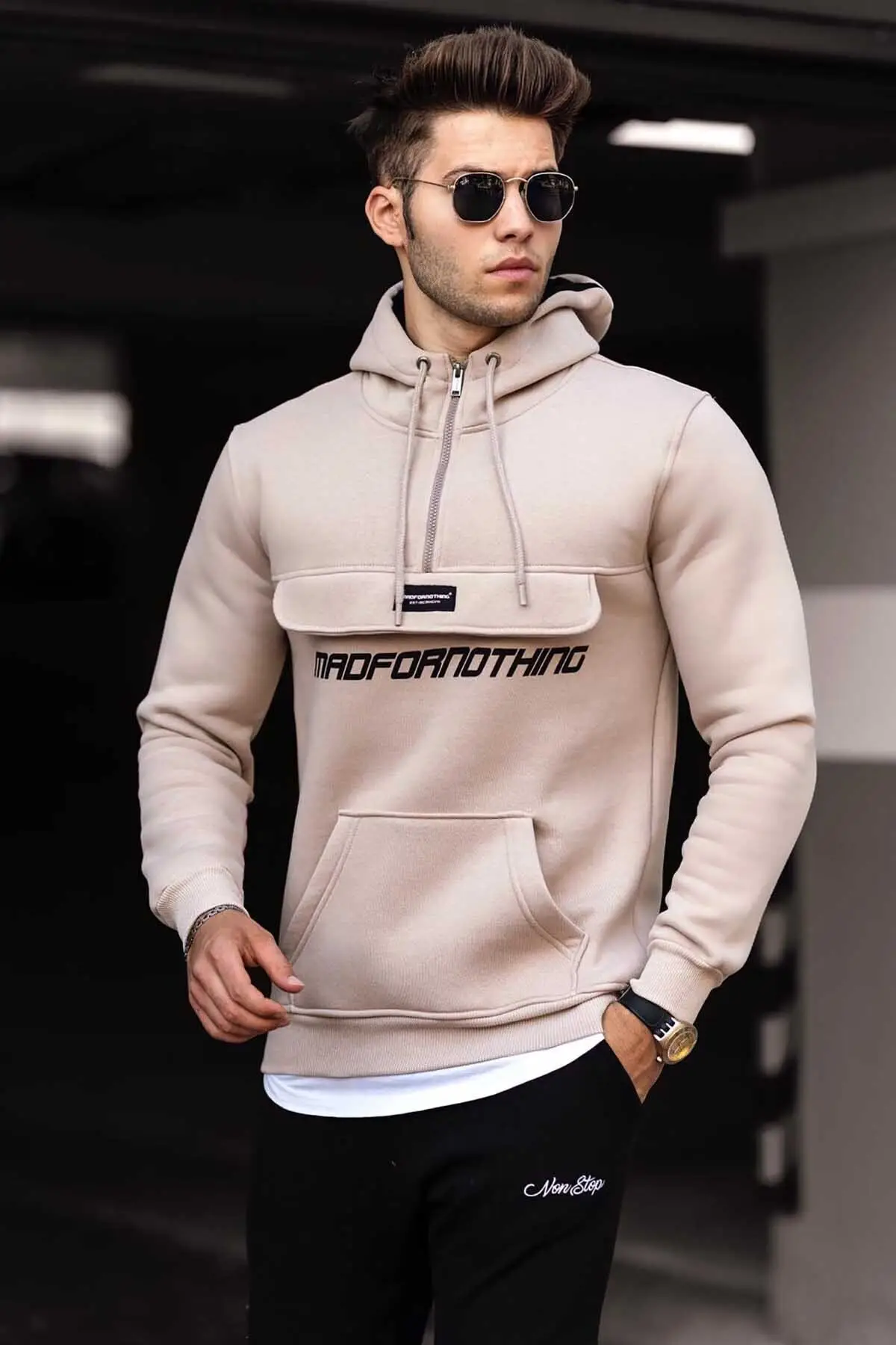 Men's Beige Kangaroo Pocket Hooded Sweatshirts Pullover 100% Cotton Slim Fit Perfect Fit High Quality 2021 Winter Season