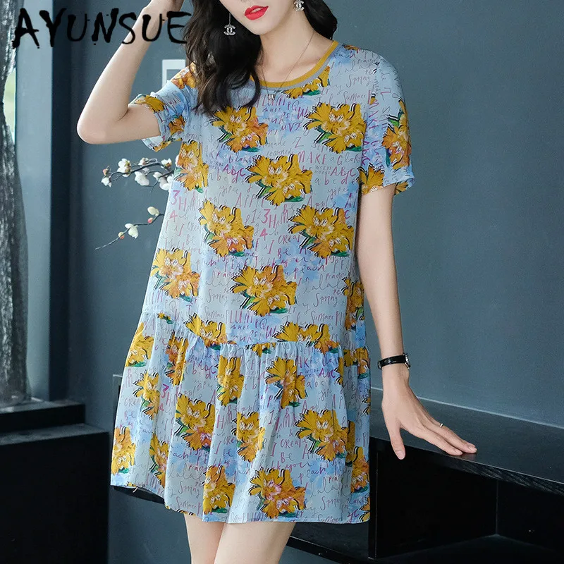 

Dress Women Real Silk Dress Korean Fashion Print Summer Dress Elegant Vintage Party Dress Woman Vestidos Mujer 19350 YY2754