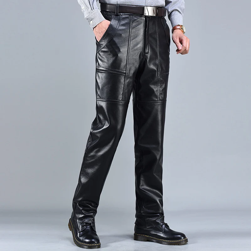 Men's Genuine Leather Pants, Thick Cowhide Trousers, Elastic Waist, Punk, Motorcycle, Youth, Spring, Autumn