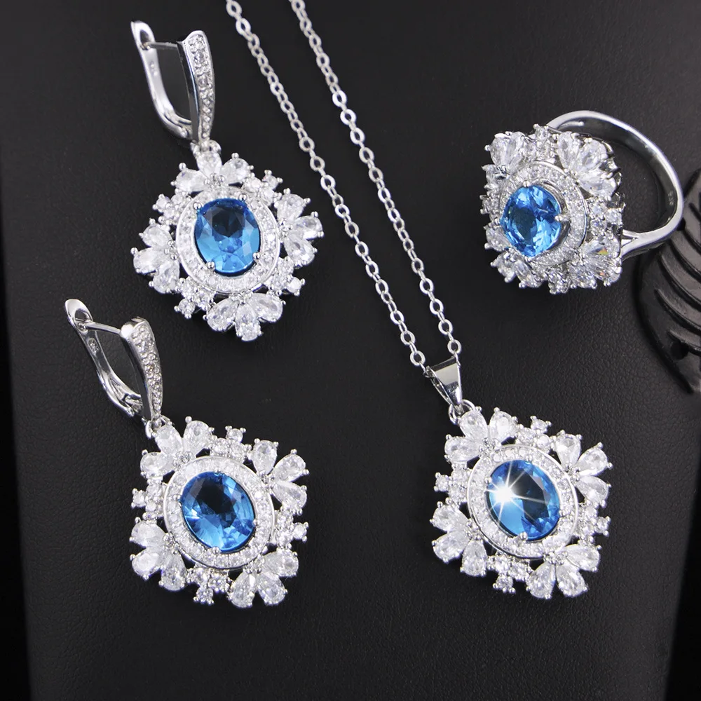 XUTAAYI Luxury Jewelry Earrings 925 Silver Wedding Jewelry Sets For Women Blue Bracelet Rings Bridal Pendant Necklace Set