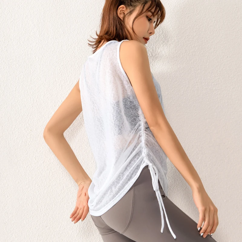 Women Yoga Shirts Loose Thin See-through Sport Vest Quick Dry Sleeveless T-shirt Gym Fitness Running Tank Tops Drawstring Blouse