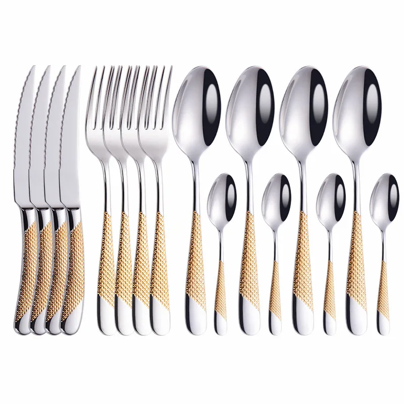 

Gold Tableware Forks Knives Spoons Stainless Steel Golden Cutlery Set Gold 16 Pcs Complete Home Kitchen Dinnerware Eco Friendly