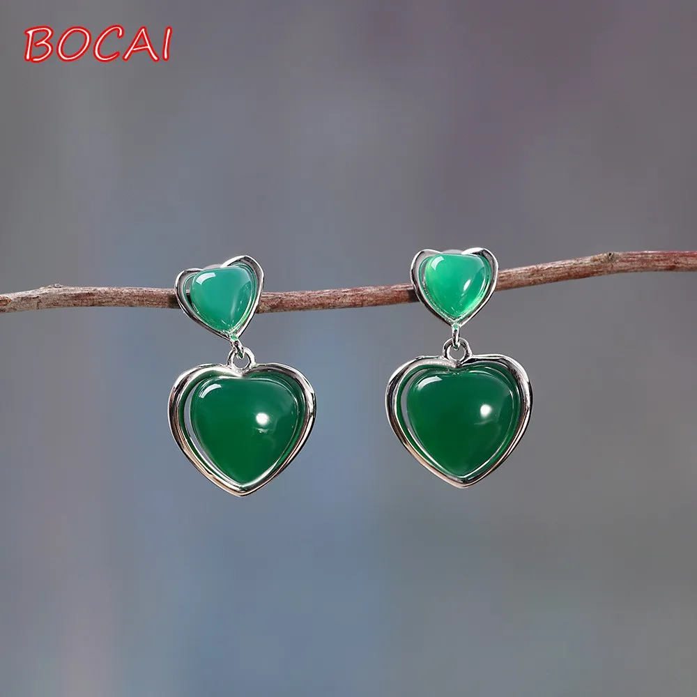 

s925 silver inlaid green chalcedony peach heart earrings fashion simple women's earrings