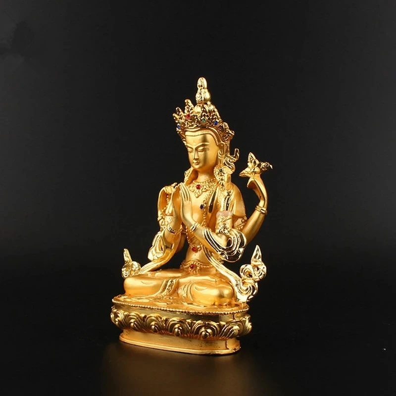 14.8cm Alloy Metal Gold Plated Buddhist Suppliers Avalokitesvara Bodhisattva Four-Arms Guanyin Tibetan Figure Buddha Statue