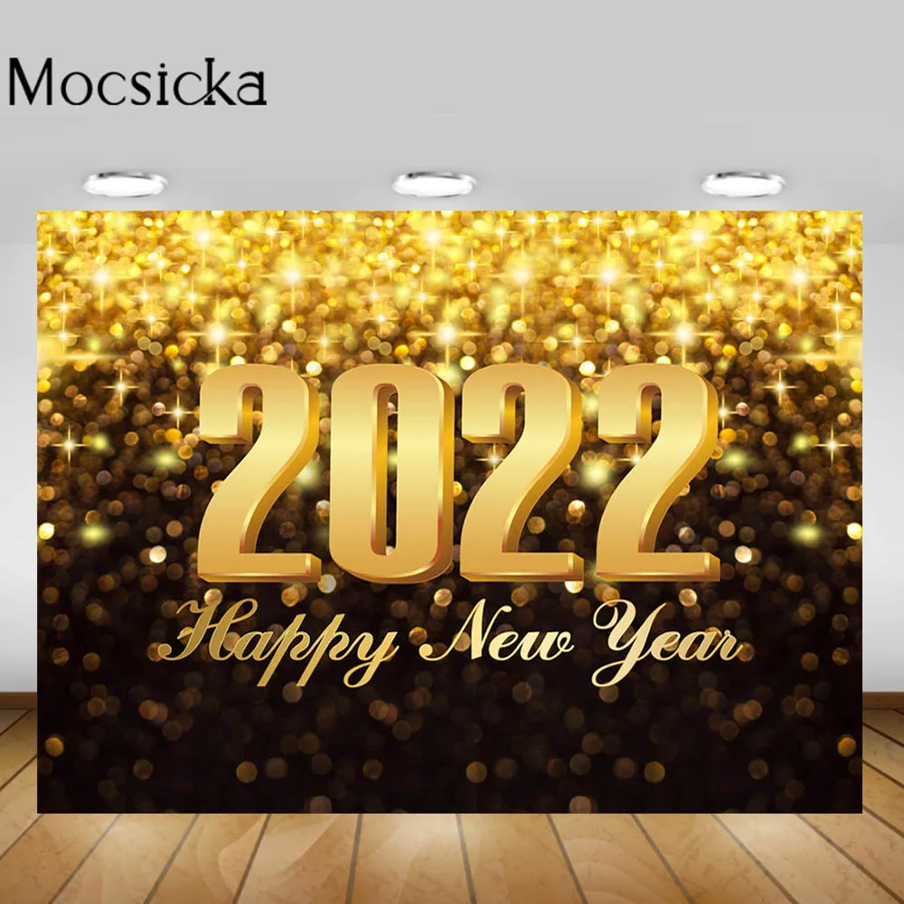 Moclicka latar belakang fotografi Tahun Baru, bahan berkilau emas Bokeh merayakan 2022 latar belakang foto untuk Studio foto panggilan foto Prop