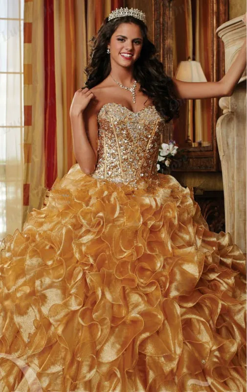 Vestidos De Gold Quinceanera Debutante Toga Sweetheart Crystal Kralen Ruches Vestidos De 15 Anos Sweet Sixteen