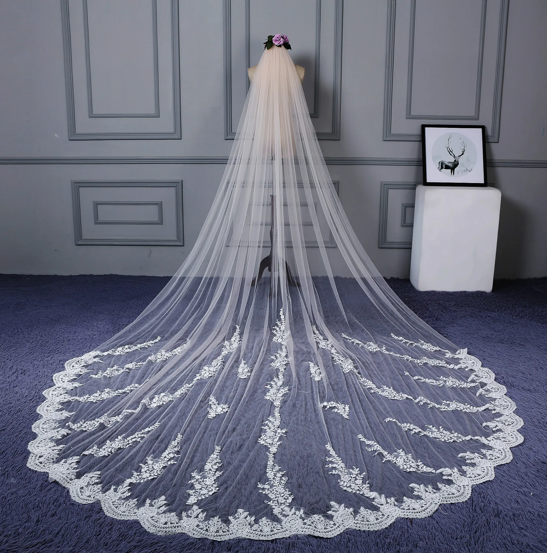 118 "di Lunghezza, 110" di Larghezza 1 Strato di Pizzo Applique Velo Da Sposa Cattedrale di Lunghezza Velo Da Sposa con Pettine