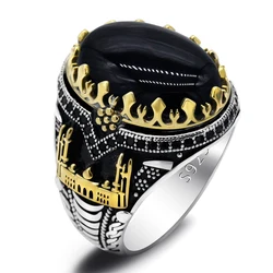 Black Natural Agate Stone Ring 925 Silver Men's Ring Castle Turkish Constantinople Auspicious Vintage Signet Ring Track Wedding