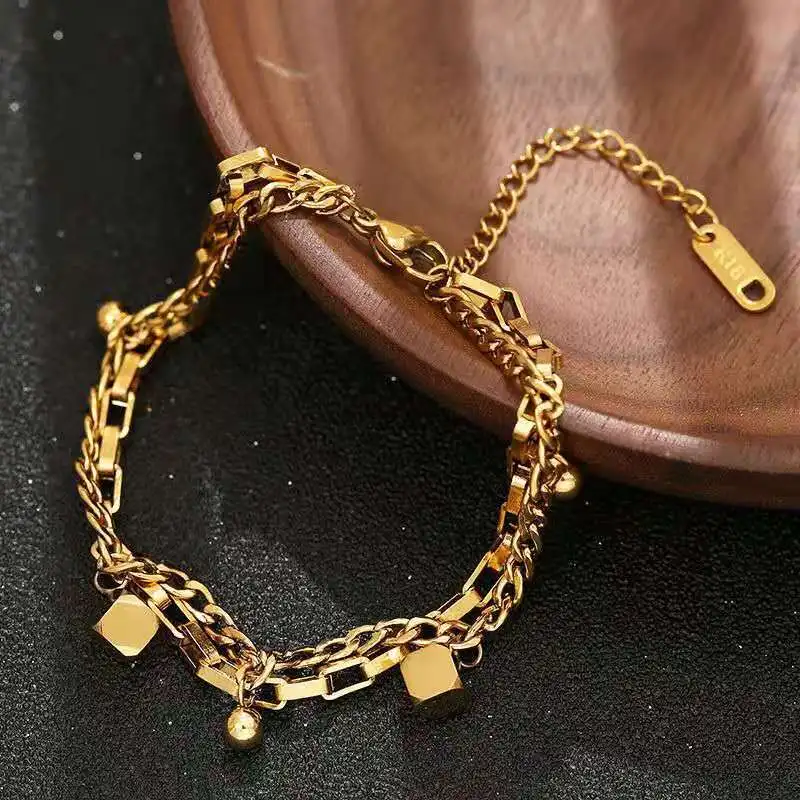 316L Stainless Steel New Fashion Fine Jewelry Gold Color Hip-hop Multi-element Thick Chain Geometric Beaded Bracelet For women