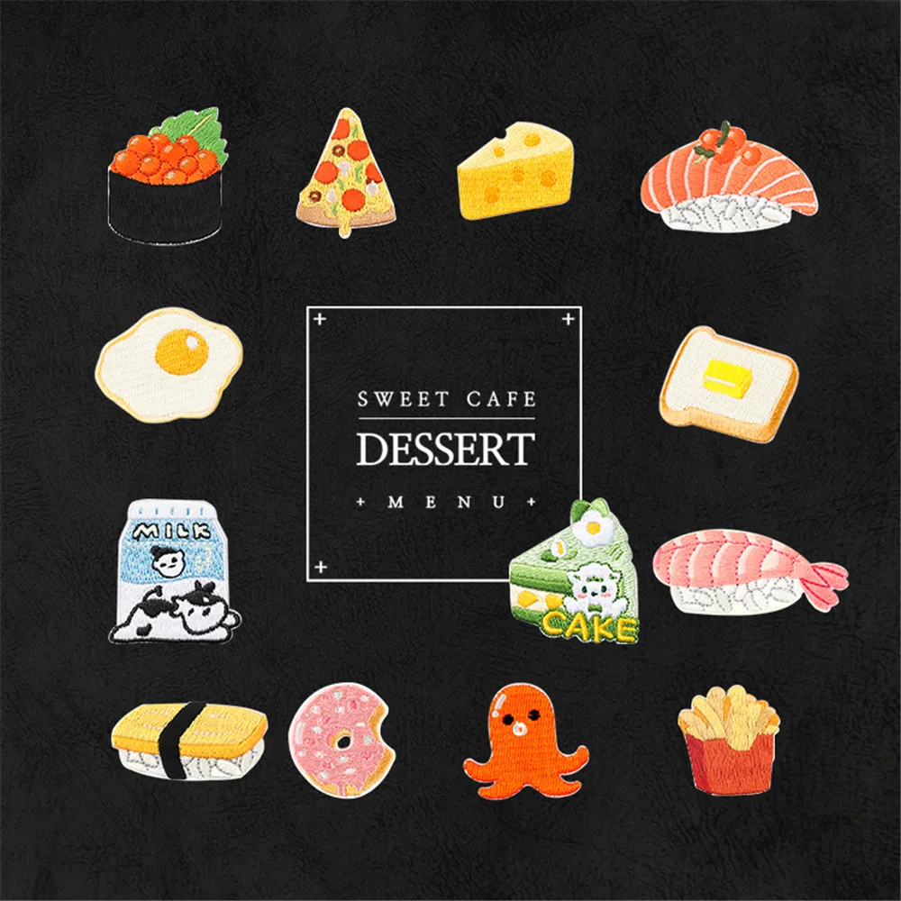 AHYONNIEX Cartoon Sushi Milk Egg Pizza Patches DIY Applique Embroidery Parches Fabric Stickers Iron On Parch for Clothes