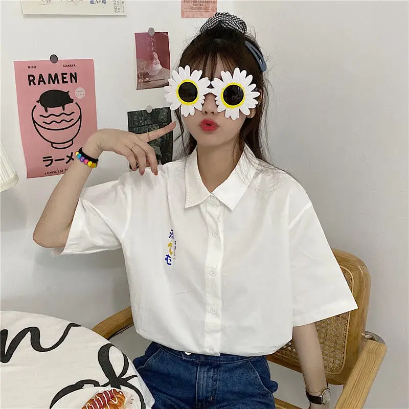 Women Short Sleeve Shirts Fashion Japan Style Print Retro Harajuku Streetwear Trendy Kawaii Chic Casual All-match Blouses Teens