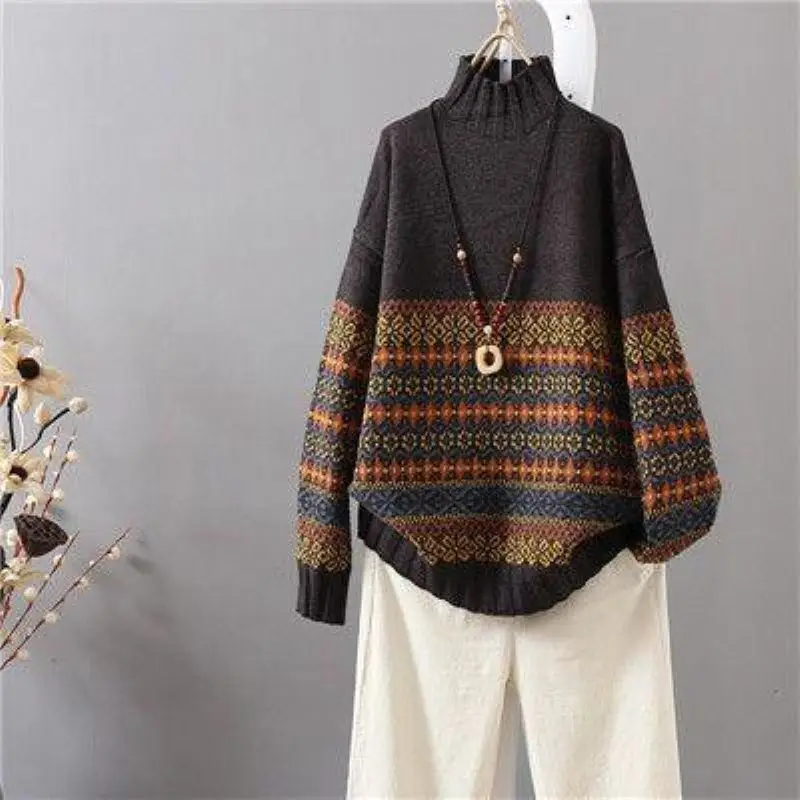 Half High Neck Pullover Sweater Retro Jacquard Loose Female Autumn And Winter New Long-sleeved Color Matching Knitted Top