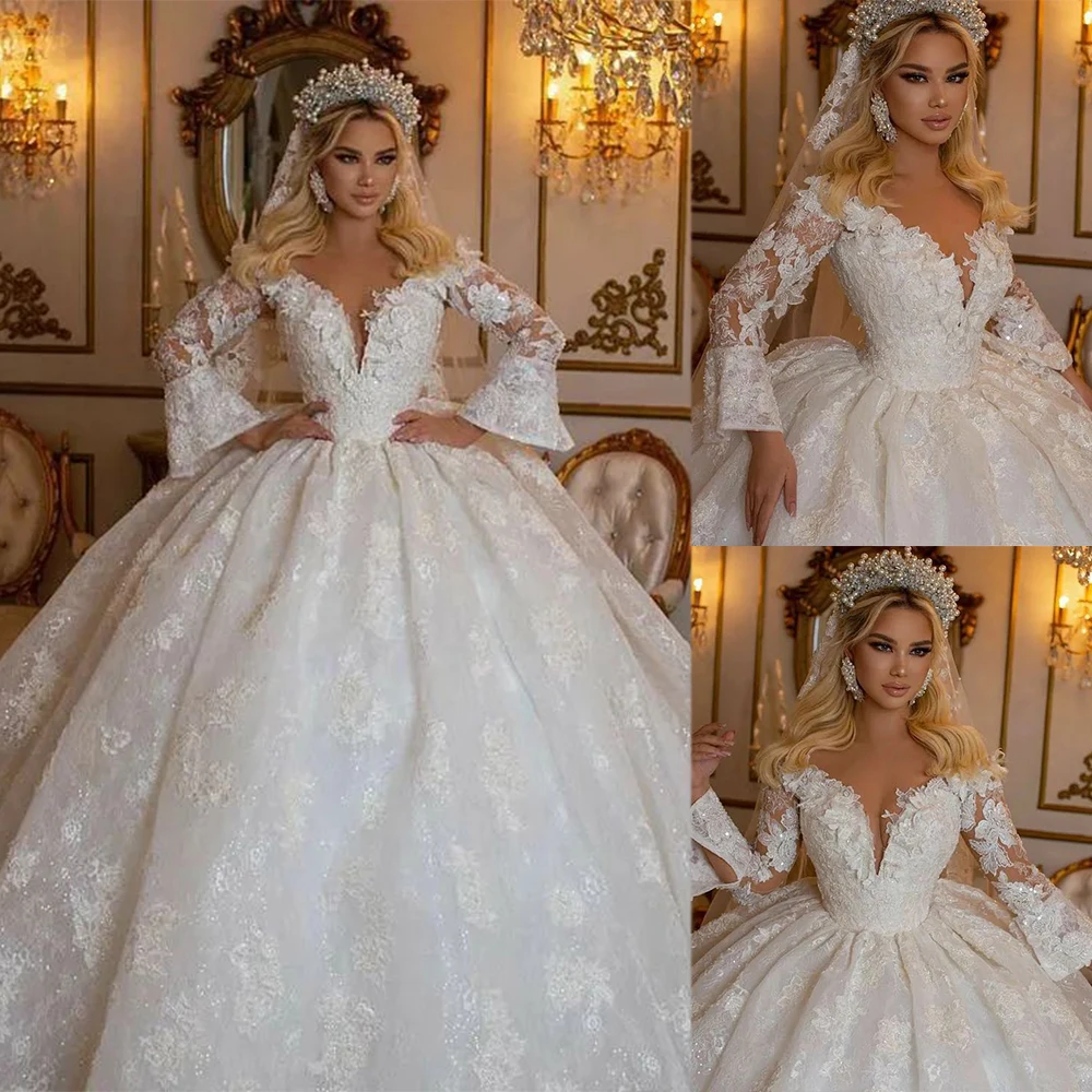 

Luxury Ball Gown Flare Sleeves Sweetheart Wedding Gown Floor Length Full Appliques And Sequins Beadings Custom Made Bridal Dress