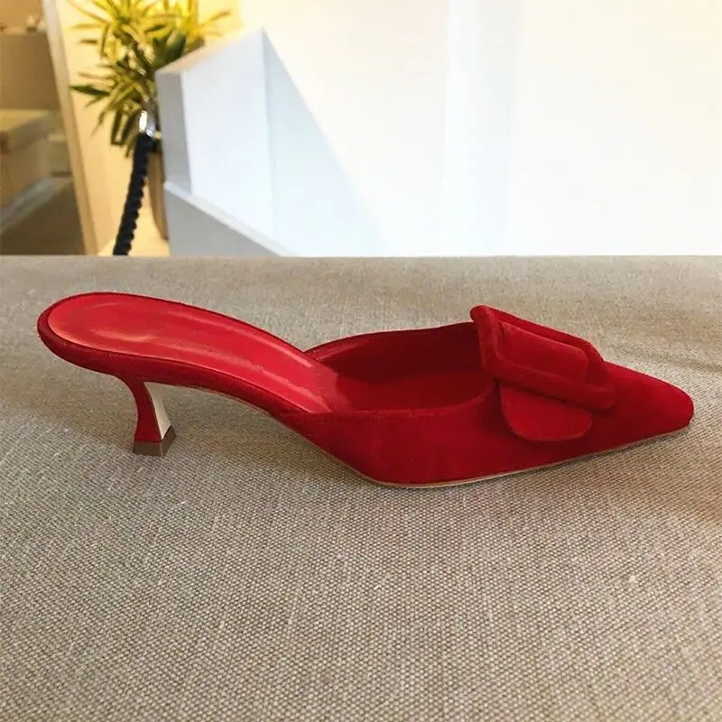 Fashion Street Square Buckles Mules Luxury Designer High Heels Pointed Toe Ladies Pumps Blue Red Scarpin Bridal Shoes Slingback