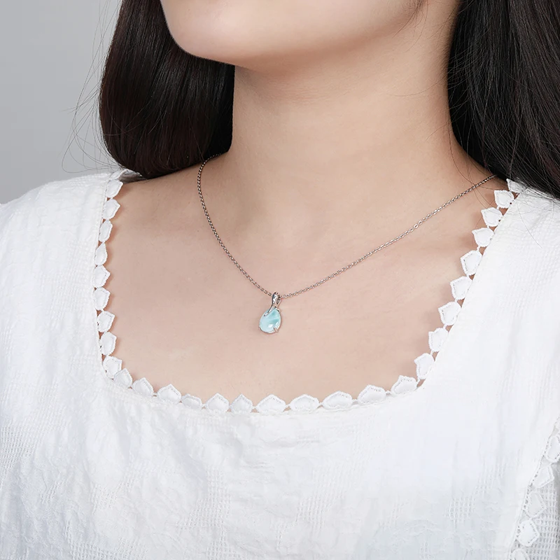 Plated Gold 925 Sterling Silver Jewelry Gifts Classic Pendant Necklace Natural Precious Larimar Retro Woman Oval Charm