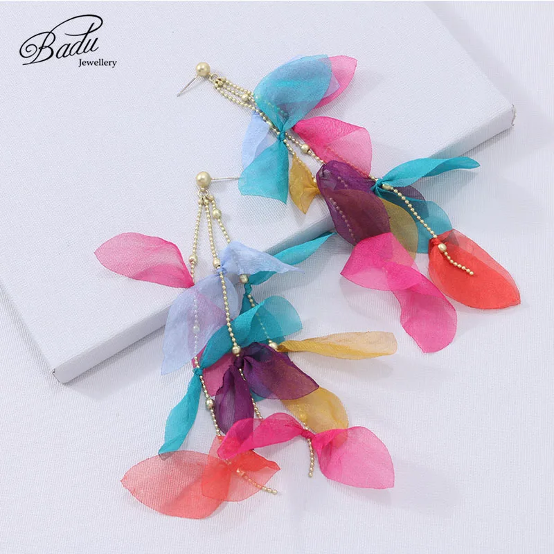 Badu Long Drop Yarn Flower Earrings for Women Fashion Wedding Bridal Tassel Dangle Earring 2022 Fashion Handmade Charm Jewelry