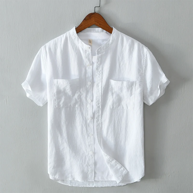 

Suehaiwe's style brand Italy short sleeve pure linen shirt men fashion stand collar white shirts for men casual comfortable