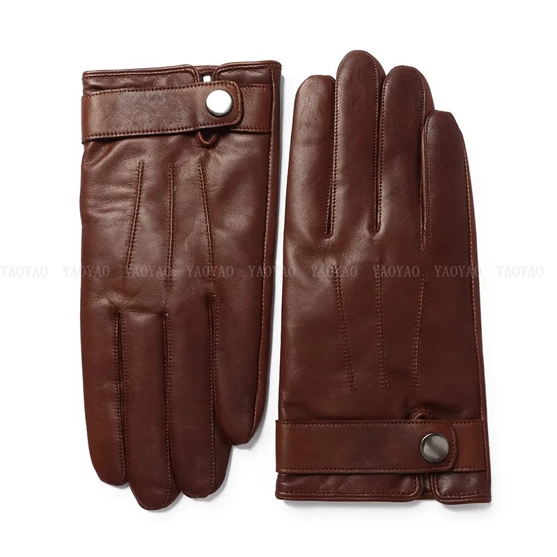 Men Winter Warm Genuine Leather Wool Gloves Male Crafted Lined Thicken Hot WindProof Riding Mittens Woollen Brown Dress Luvas