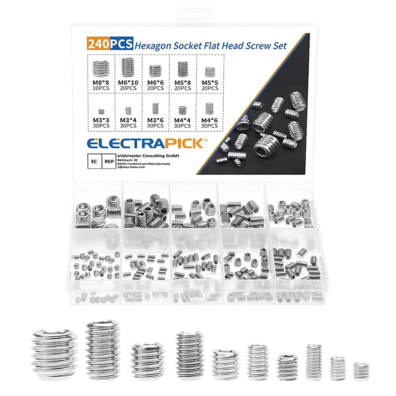 ELECTRAPICK 240pcs Hexagon Hex Socket Screw Flat Point Allen Head M3 M4 M5 M6 M8 Grub Screw Stainless Steel Headless Set Screw