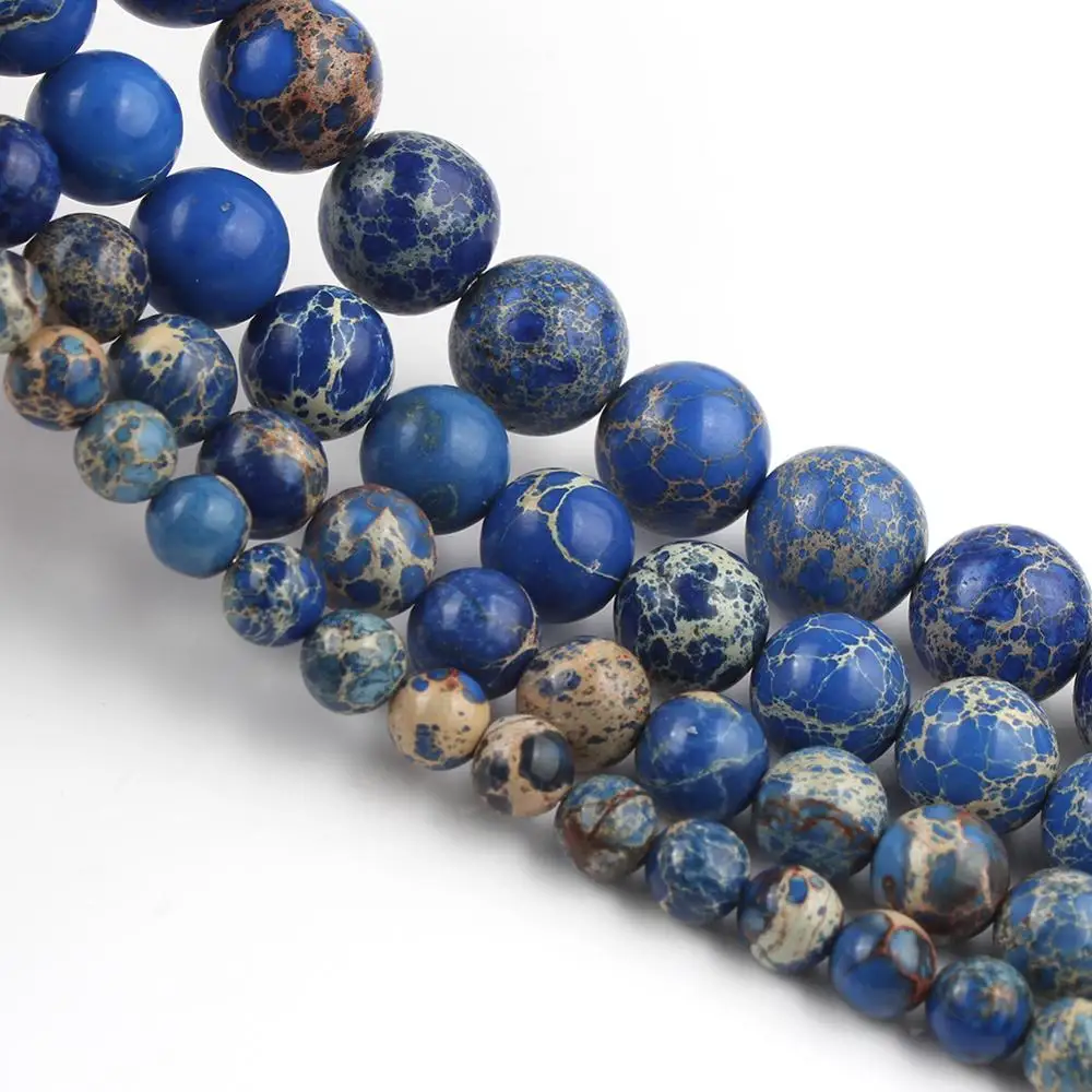 Natural Stone Beads Blue Sea Sediment Jaspers Round Loose Beads For Jewelry Making 15.5\