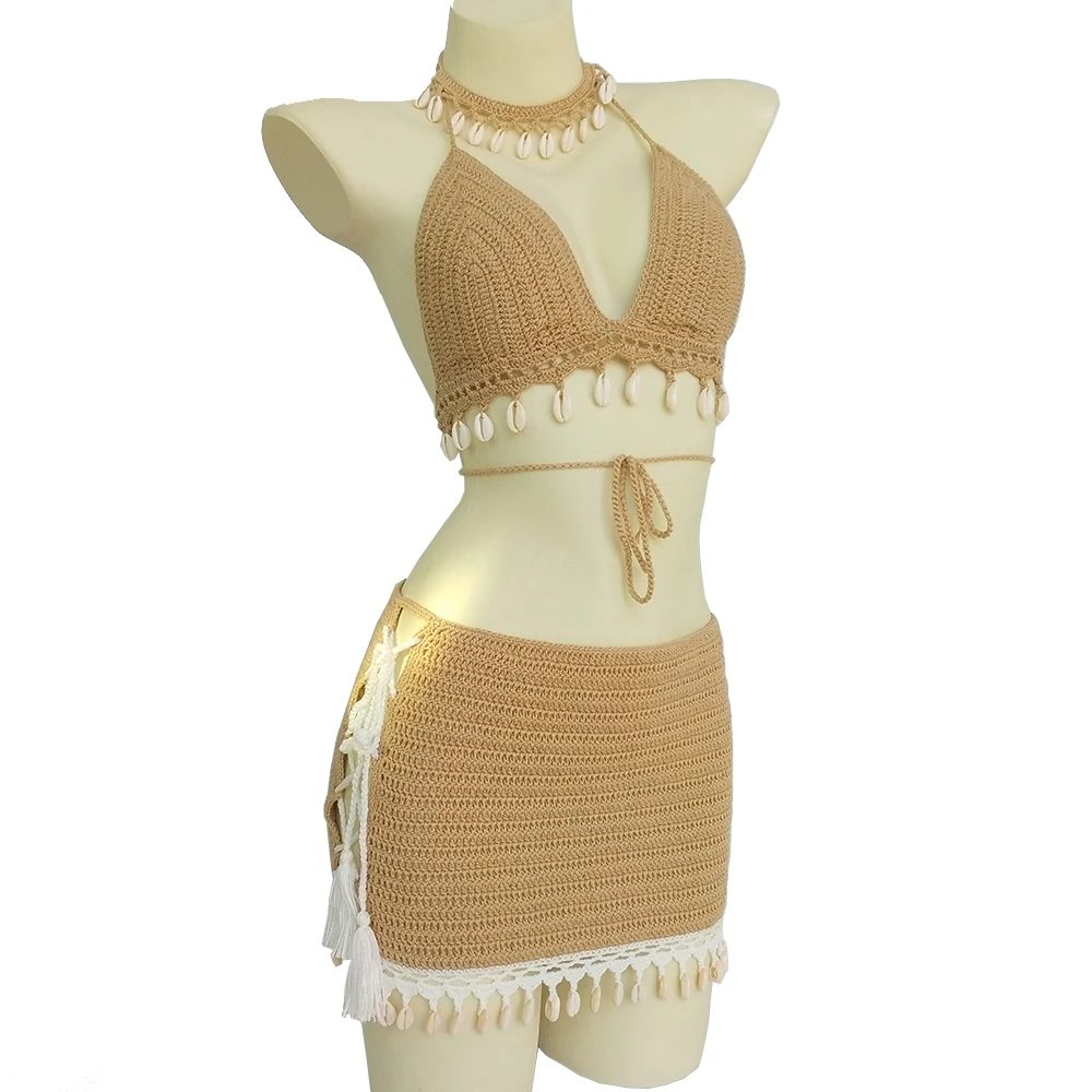 3szt Bikini Set Woman Crochet Shell Tassel Bikini Top And Seashell Ankle Chain Sexy Beach Skirt Lace See Through Slim Mini Skirt — zdjęcie 2
