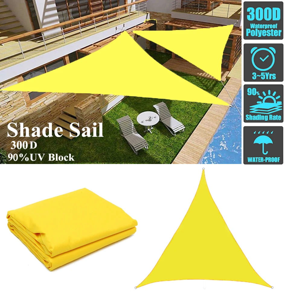 

300D Regular Triangle Shade Sail 3x3/4x4/5x5/6x6m 8 sizes Yellow Waterproof Polyester awning Outdoor Sun Shelter garden Camping