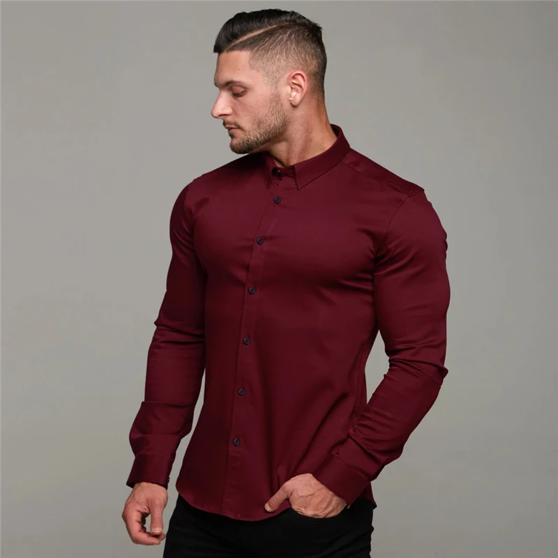 New Spring Autumn Mens Full Sleeve Shirt Solid Fitness Men Turndown Collar Super Slim Fit Business Dress Shirt Button Gym Tops