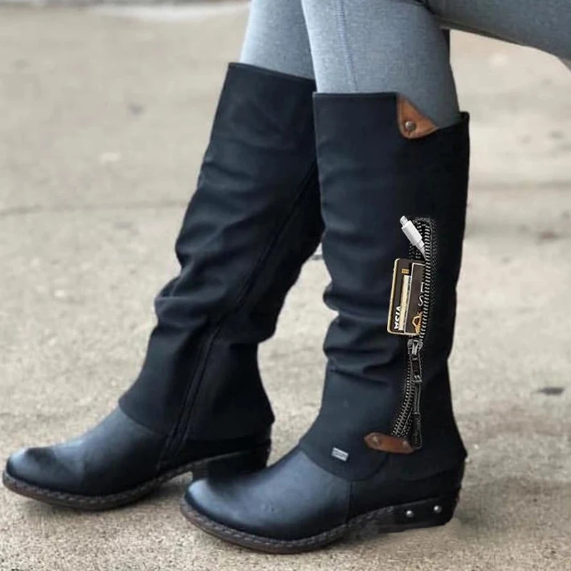 New Women Knee High Boots Winter Western Punk Boots Winter Warm Shoes Side Zipper Woman Cowboy Boots Ladies Booties Female Shoes