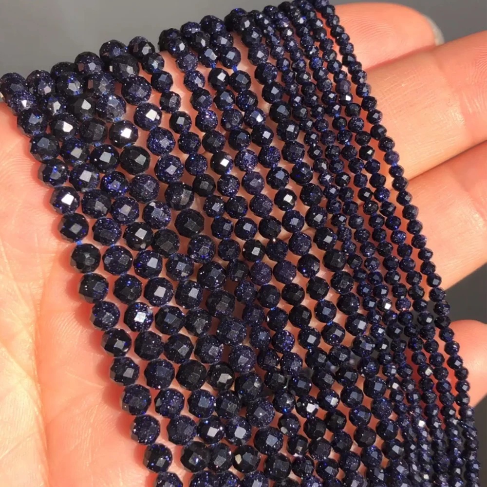 2 3 4mm Faceted Blue Sand Gem Stone Beads Round Loose Spacer Beads for Jewelry Making DIY Bracelet Earrings Accessories 15''