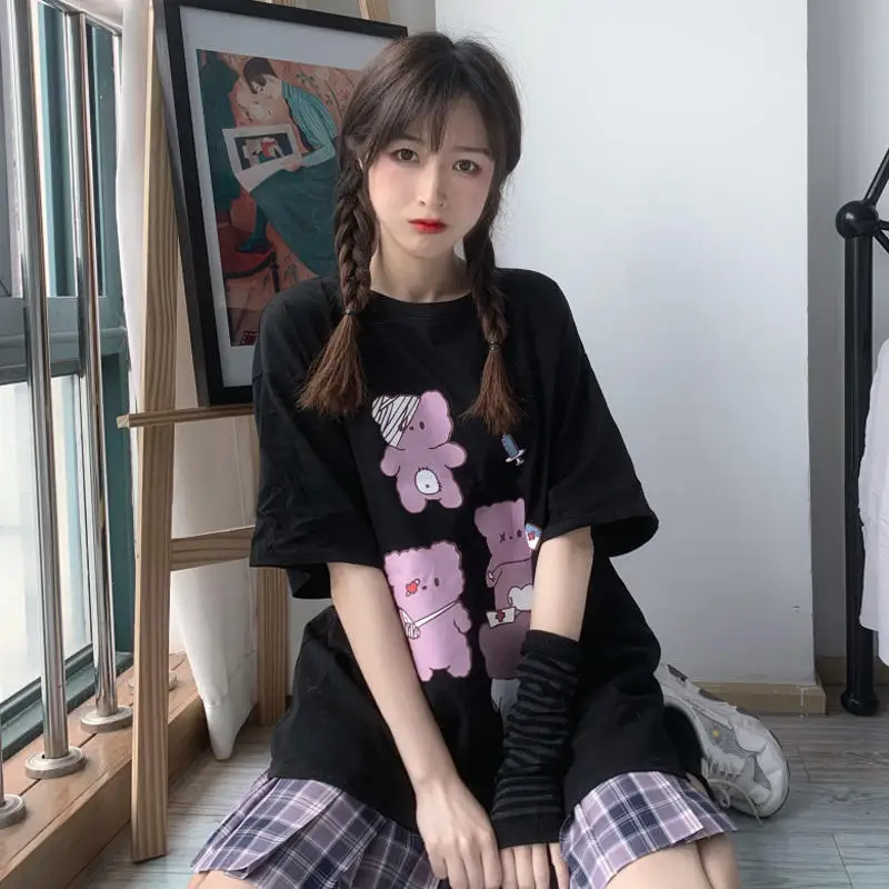 Cute Cartoon Clothes Loose Oversize Women T-shirt Punk Grunge Streetwear Black Top Harajuku Vintage Dropshipping Short Sleeve